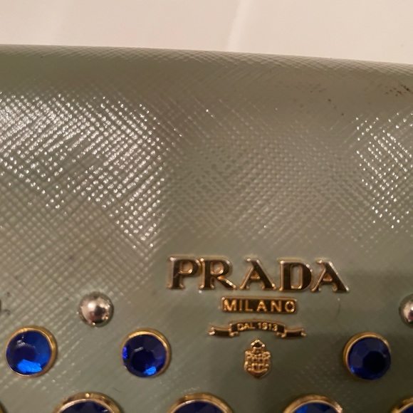 Authentic Prada Vernice Crystal Embellished Lux Lago Paint Green Leather Wallet - Picture 14 of 14